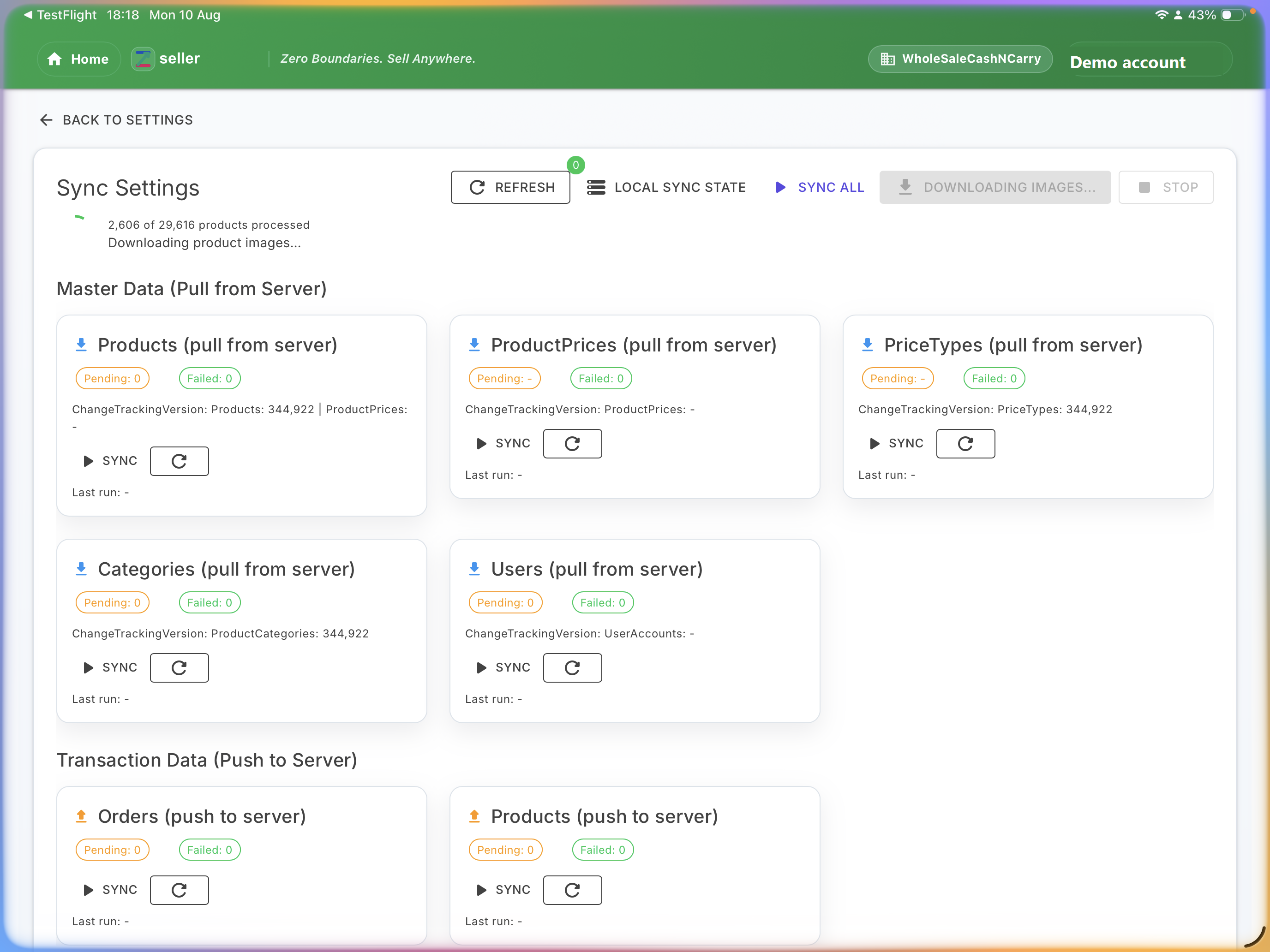 ZSeller data synchronisation dashboard on iPad